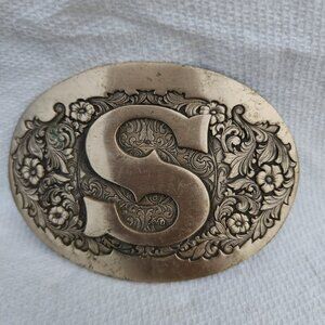 Vintage 70s Award Design Medals Inc. Brass "S" Belt Buckle Floral Flowers